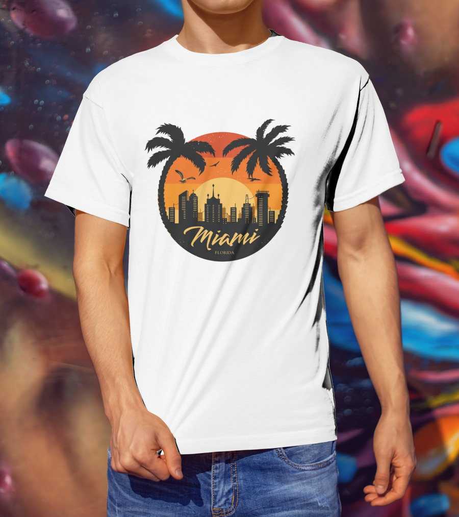 Miami Florida Sunset Skyline Palm Trees T-Shirt