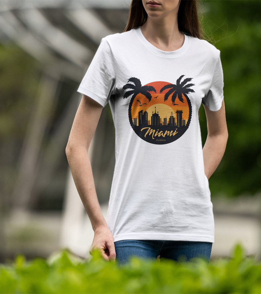 Miami Florida Sunset Skyline Palm Trees T-Shirt
