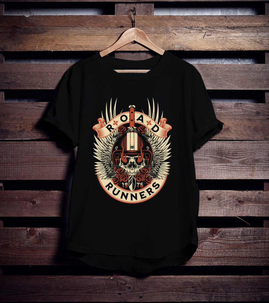 Road Runners Skull 1976 Motorcycle Badge With Wings And Roses T-Shirt