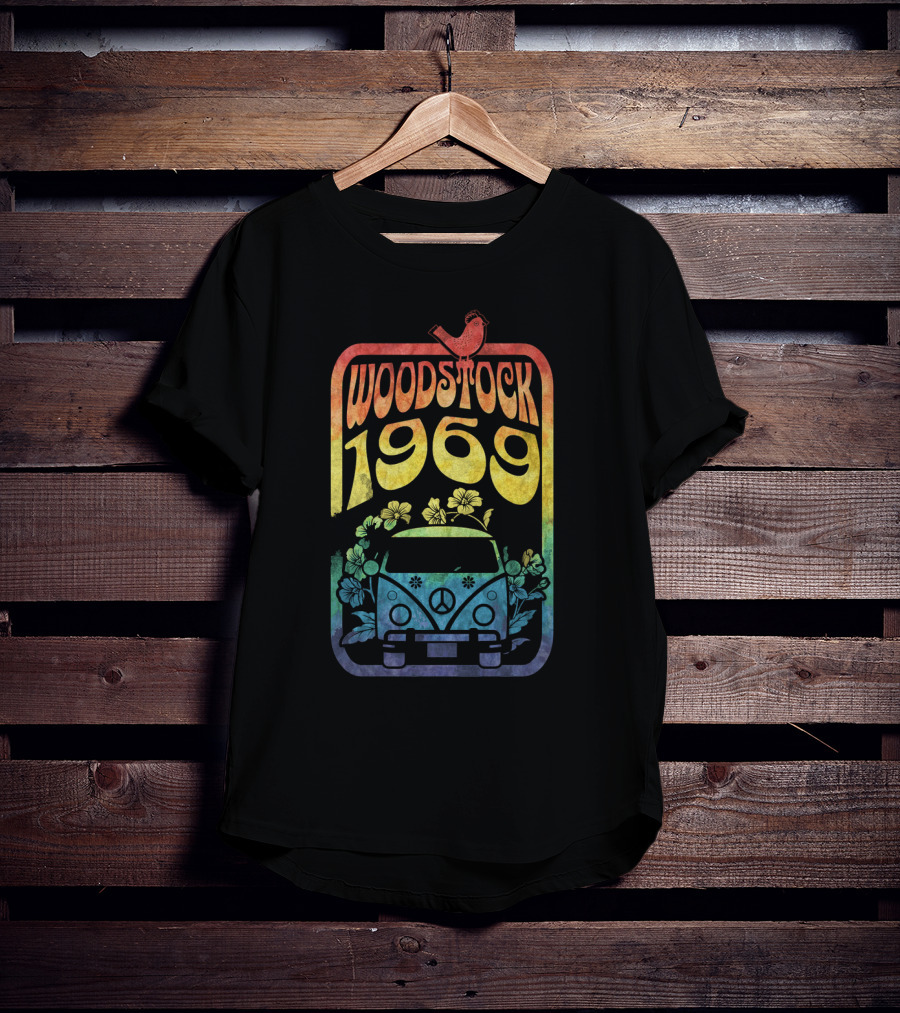 Woodstock 1969 Colorful Campervan Peace Flowers Bird T-Shirt