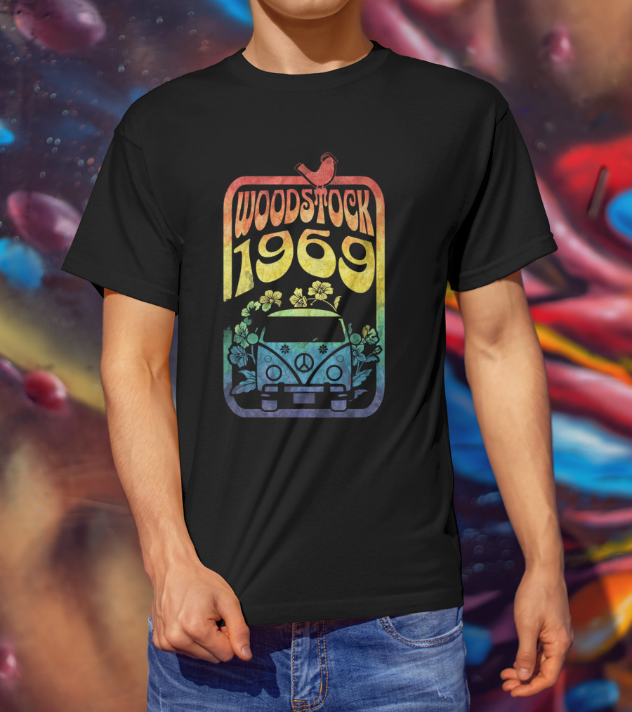 Woodstock 1969 Colorful Campervan Peace Flowers Bird T-Shirt