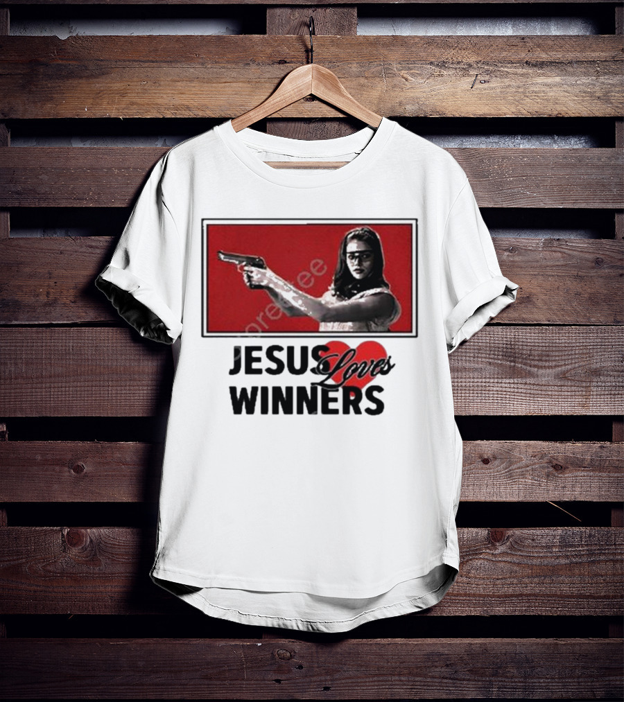 Super Yaki Jesus Loves Winners Red Gun Woman T-Shirt