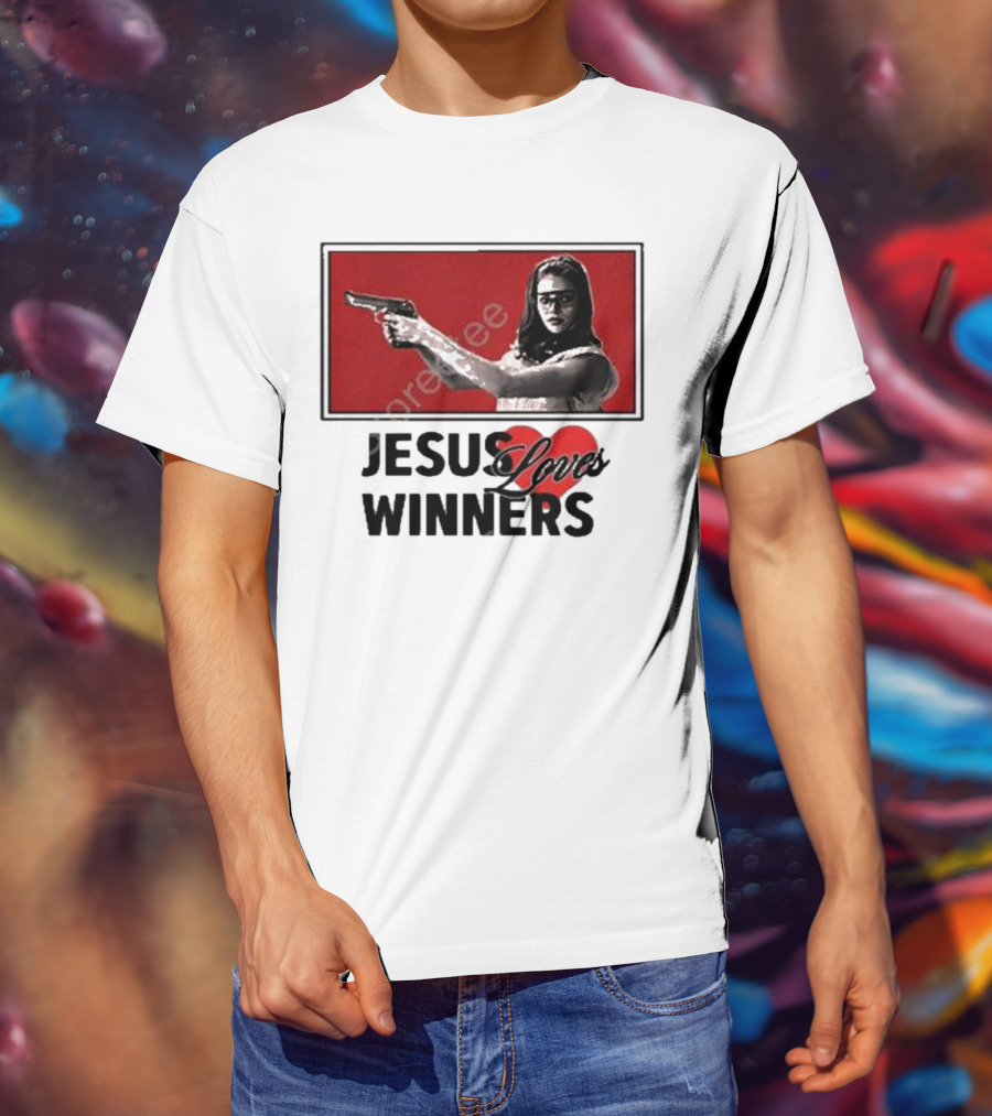 Super Yaki Jesus Loves Winners Red Gun Woman T-Shirt