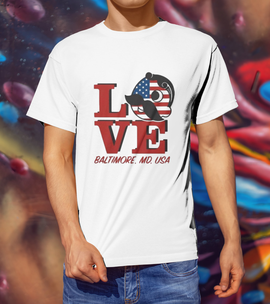 Love Baltimore MD USA National Bohemian American Flag Mustache T-Shirt