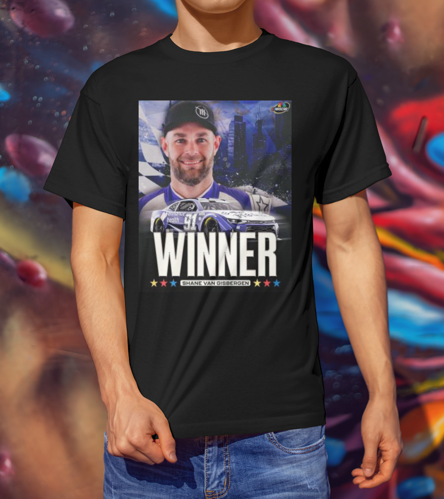 NASCAR Winner Shane Van Gisbergen With Race Car And Cityscape Background T-Shirt