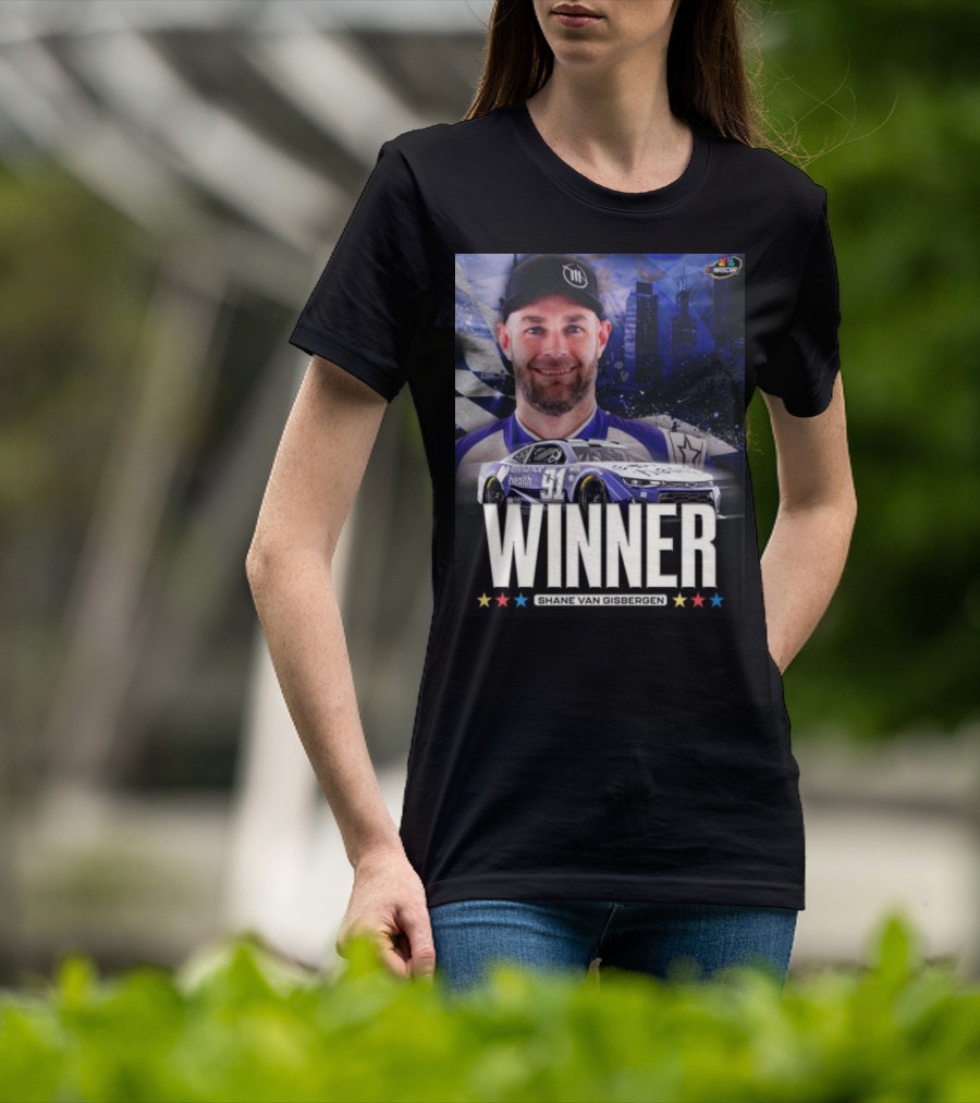 NASCAR Winner Shane Van Gisbergen With Race Car And Cityscape Background T-Shirt
