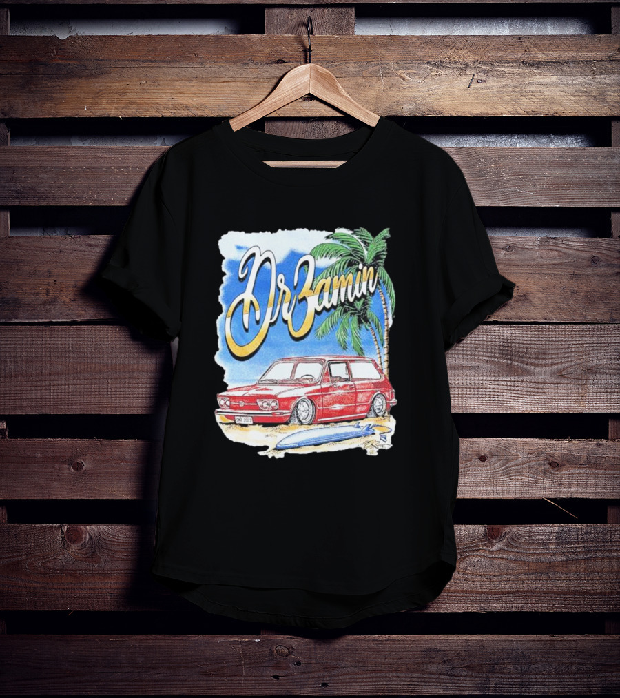 DrZamin Red Car Tropical Beach Scene With Palm Trees Surfboard T-Shirt