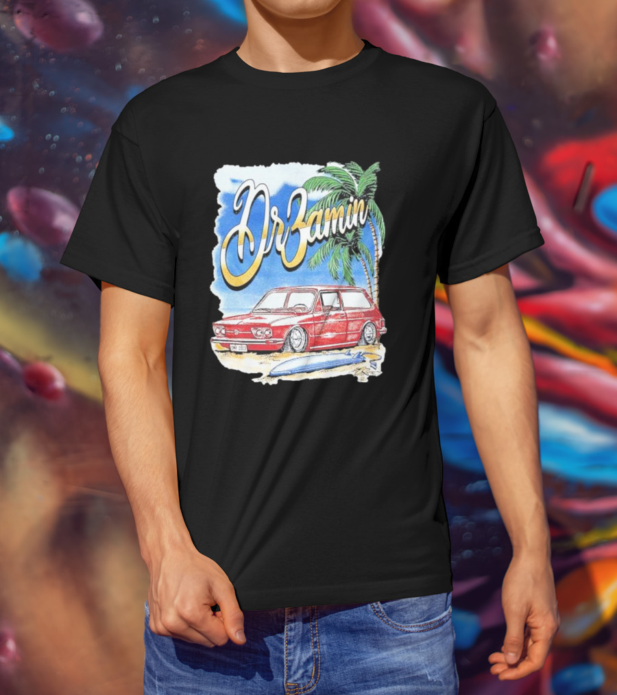 DrZamin Red Car Tropical Beach Scene With Palm Trees Surfboard T-Shirt