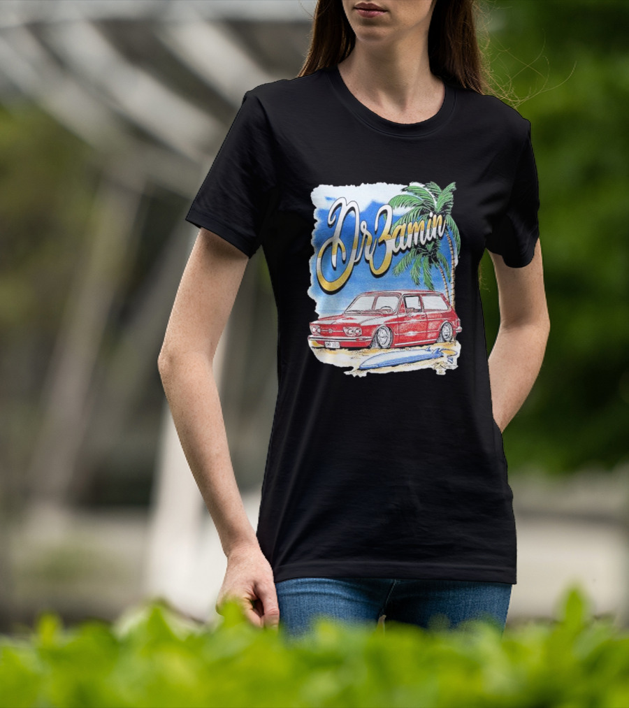 DrZamin Red Car Tropical Beach Scene With Palm Trees Surfboard T-Shirt