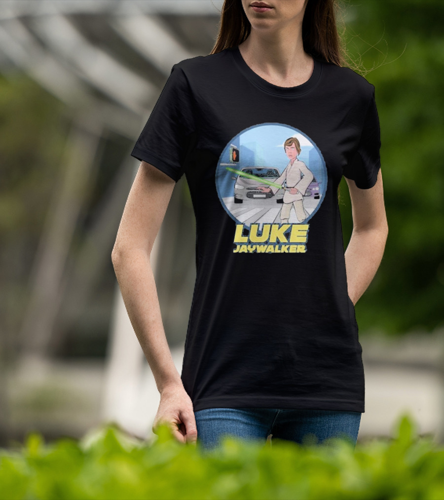 Luke Jaywalker Crossing With Lightsaber And Traffic Cars T-Shirt