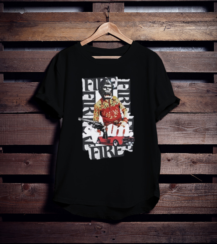 Scum Fire With Gorilla Holding Gun And Fire Text Over Red Car T-Shirt