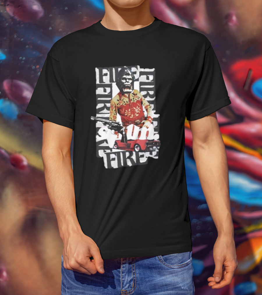 Scum Fire With Gorilla Holding Gun And Fire Text Over Red Car T-Shirt
