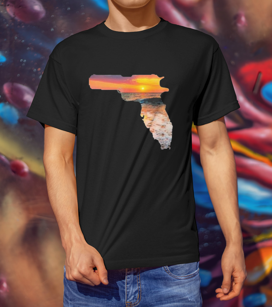 Florida The Gunshine State Gun Map Sunset Beach Scene T-Shirt