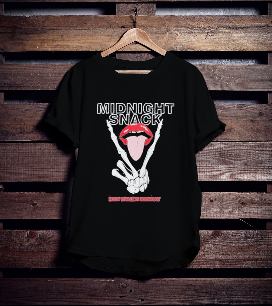 MIDNIGHT SNACK DIET STARTS MONDAY Skeleton Hands Tongue In Lips T-Shirt