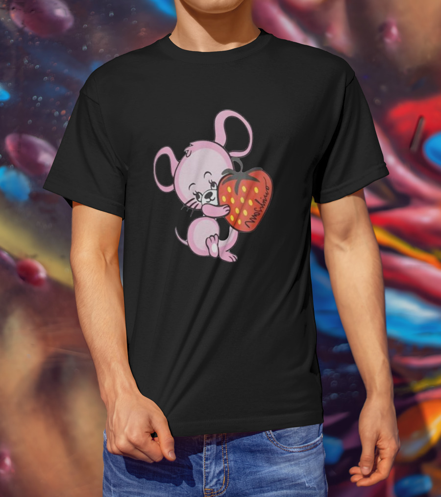 Cute Pink Mouse Hugging Strawberry Moschino T-Shirt