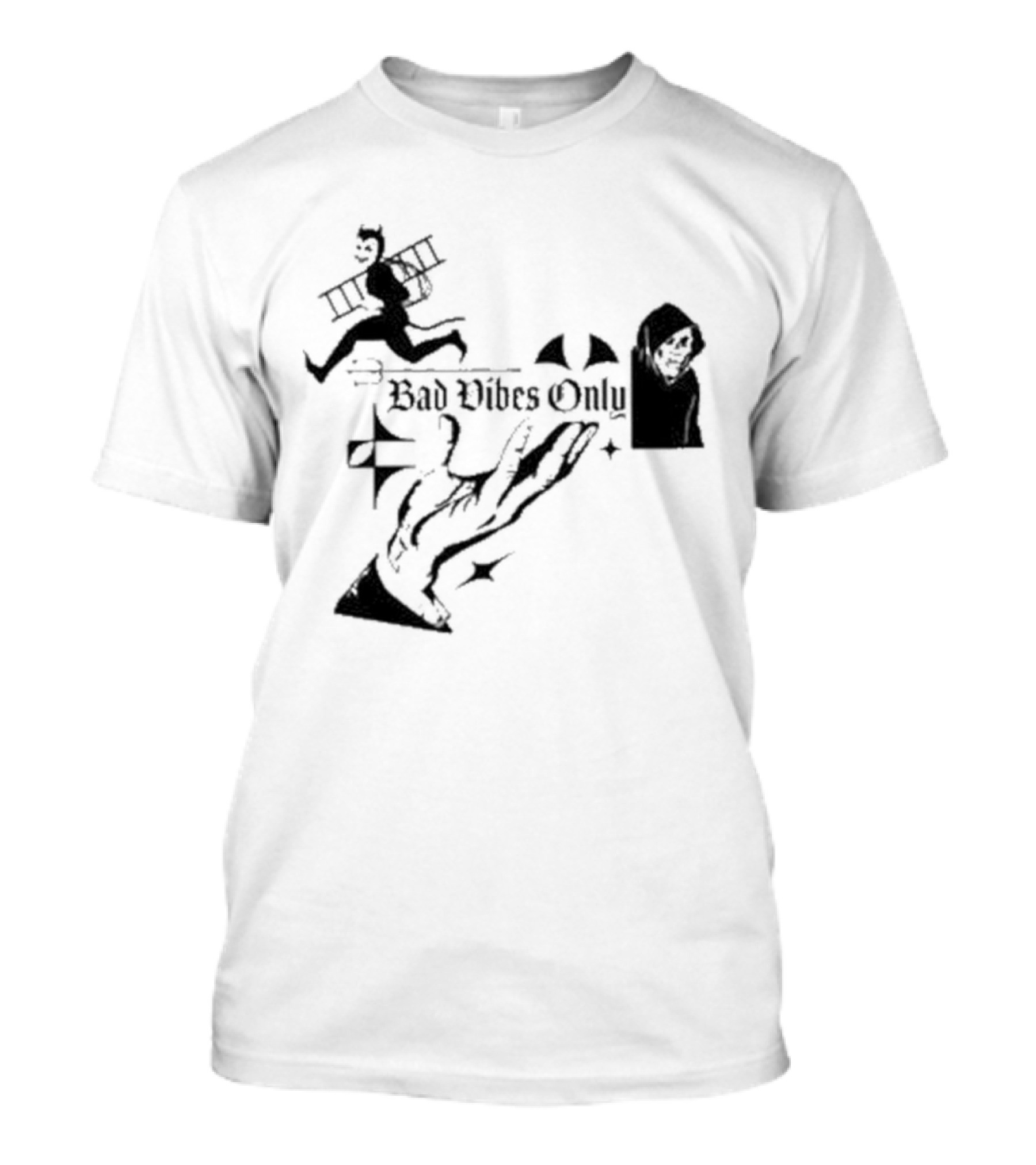Bad Vibes Only Devil Ladder Grim Reaper Hand Gesture T-Shirt