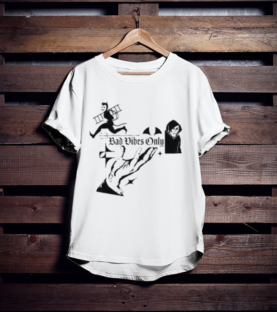 Bad Vibes Only Devil Ladder Grim Reaper Hand Gesture T-Shirt