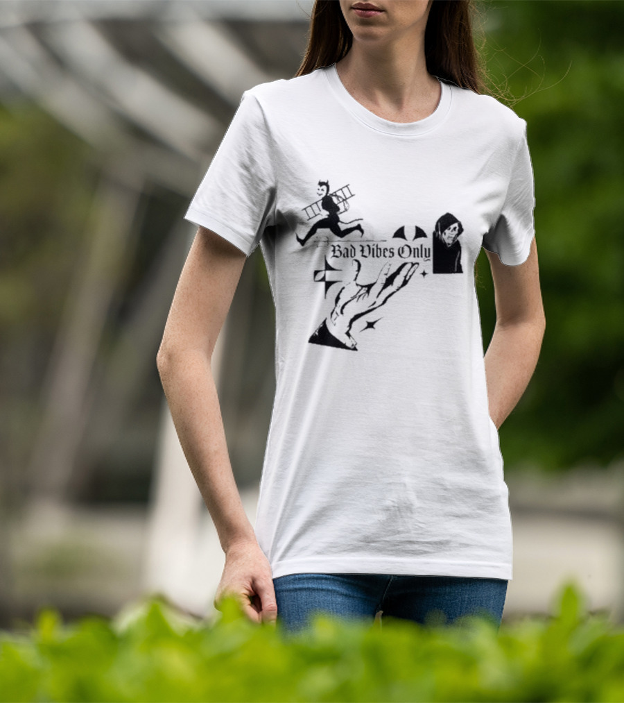 Bad Vibes Only Devil Ladder Grim Reaper Hand Gesture T-Shirt