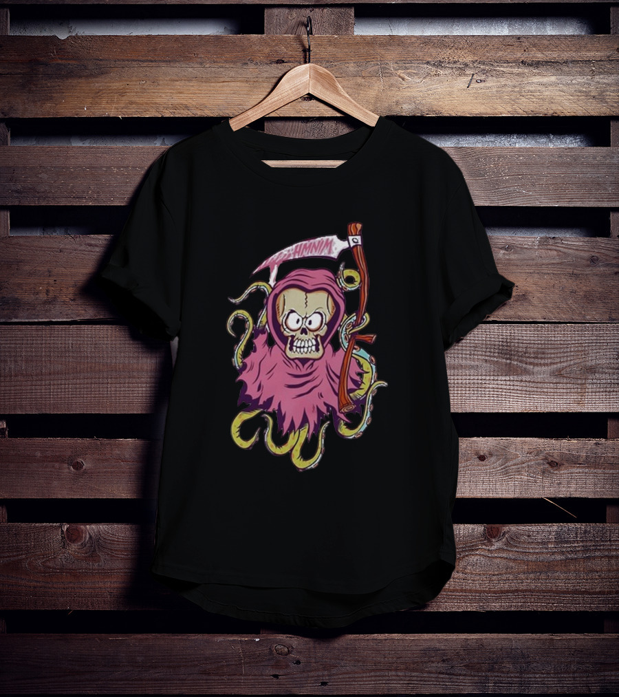 Pink Skull Hooded Grim Reaper With Scythe And Tentacles Hoppus Text T-Shirt