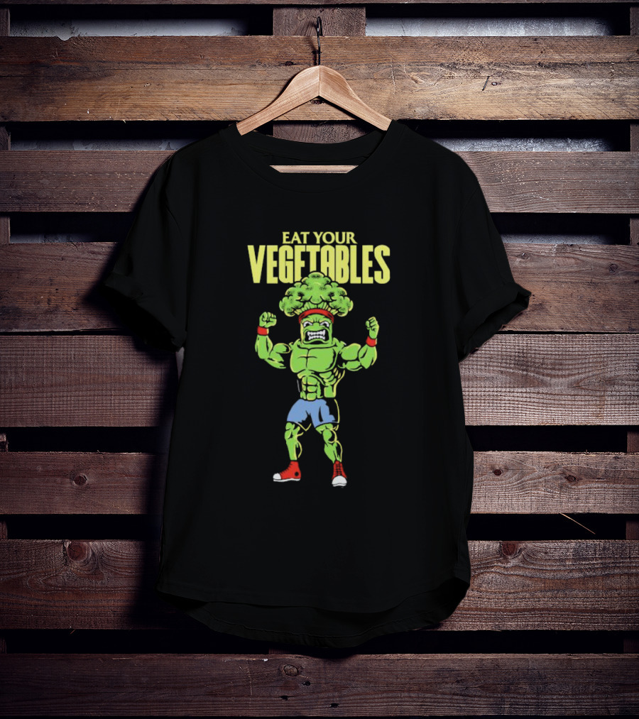 EAT YOUR VEGETABLES Broccoli Bodybuilder In Red Sneakers T-Shirt