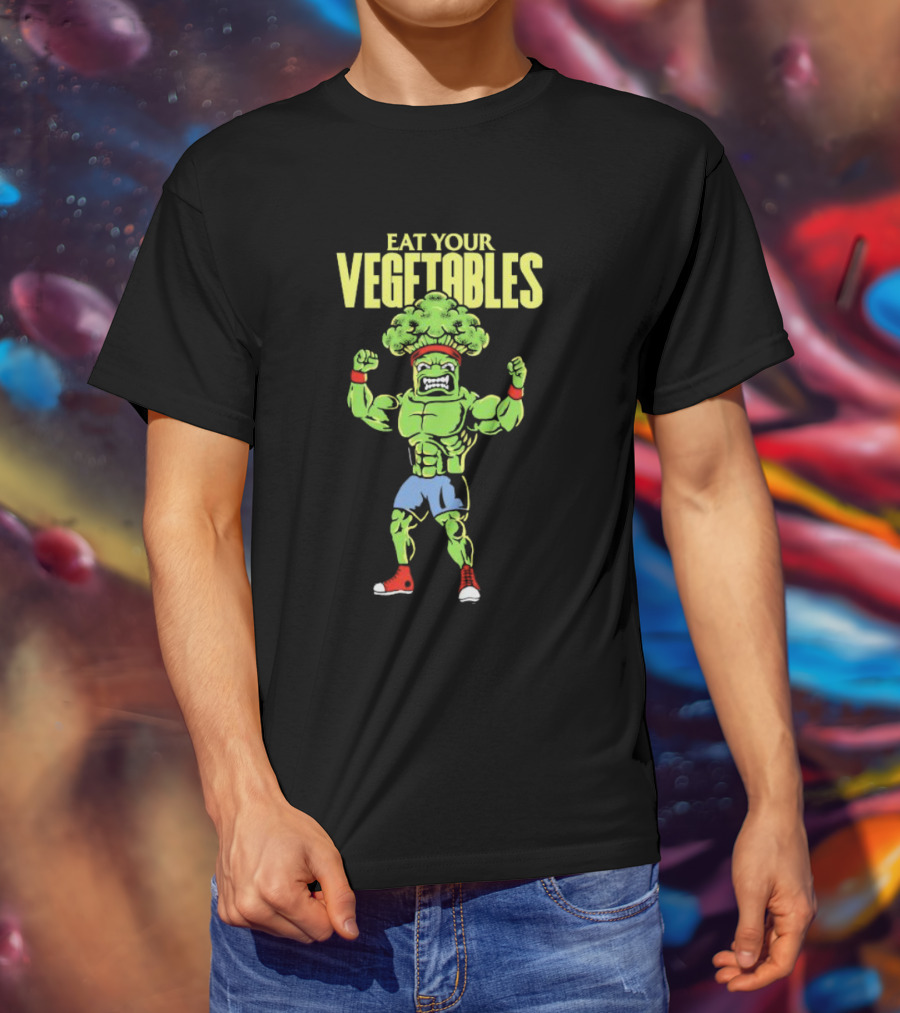 EAT YOUR VEGETABLES Broccoli Bodybuilder In Red Sneakers T-Shirt