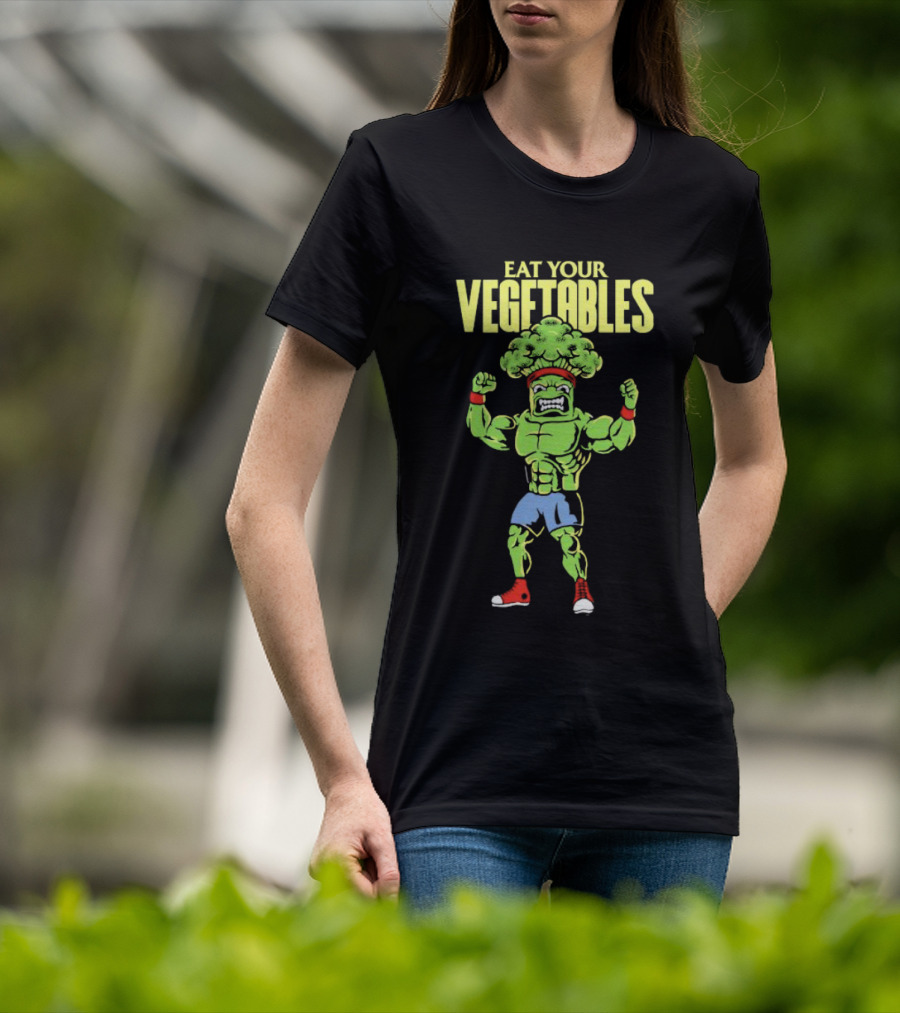 EAT YOUR VEGETABLES Broccoli Bodybuilder In Red Sneakers T-Shirt