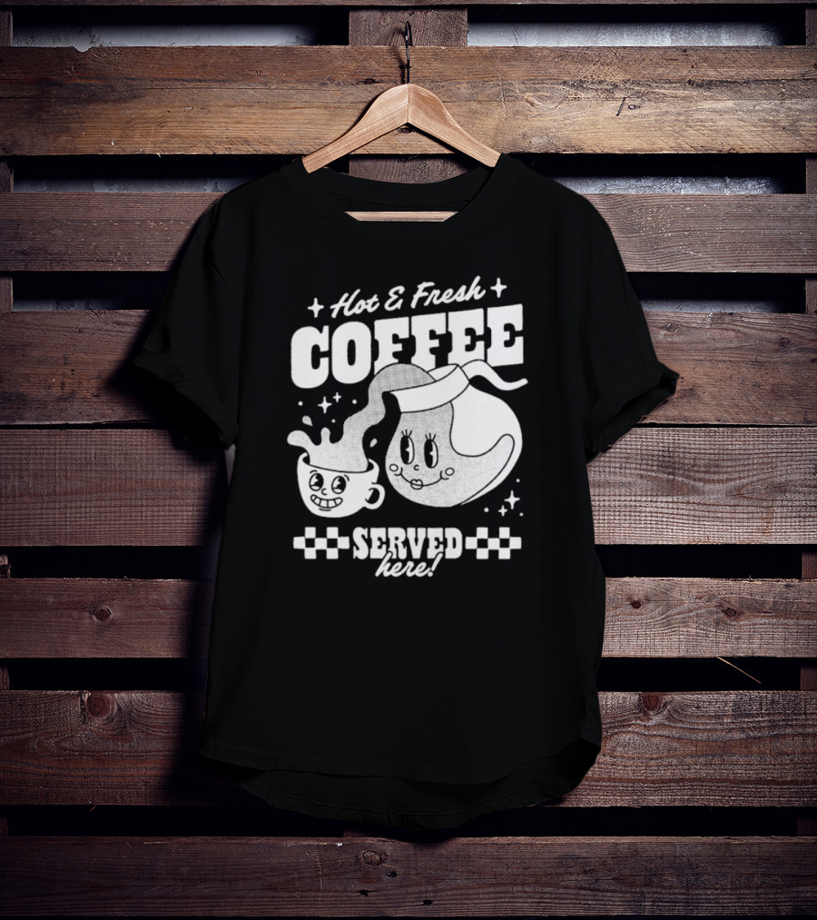 Hot And Fresh Coffee Served Here Retro Cartoon T-Shirt