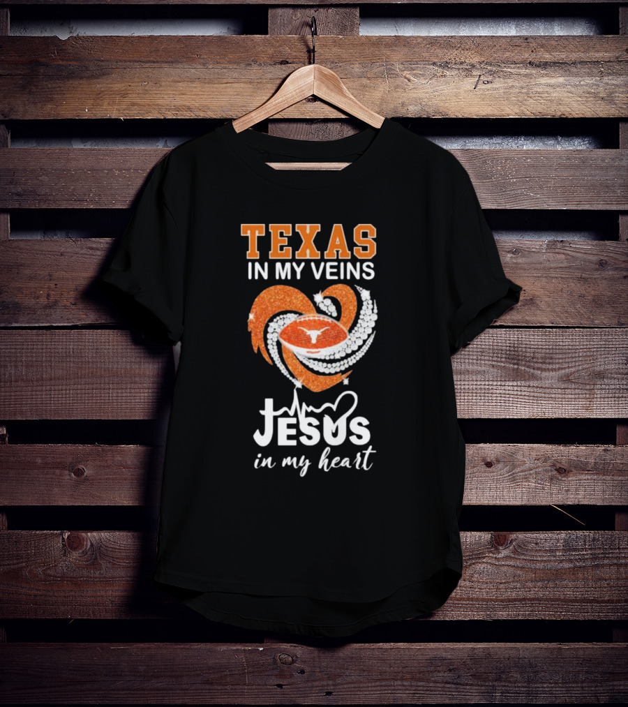 Texas In My Veins Jesus In My Heart Football Diamond T-Shirt