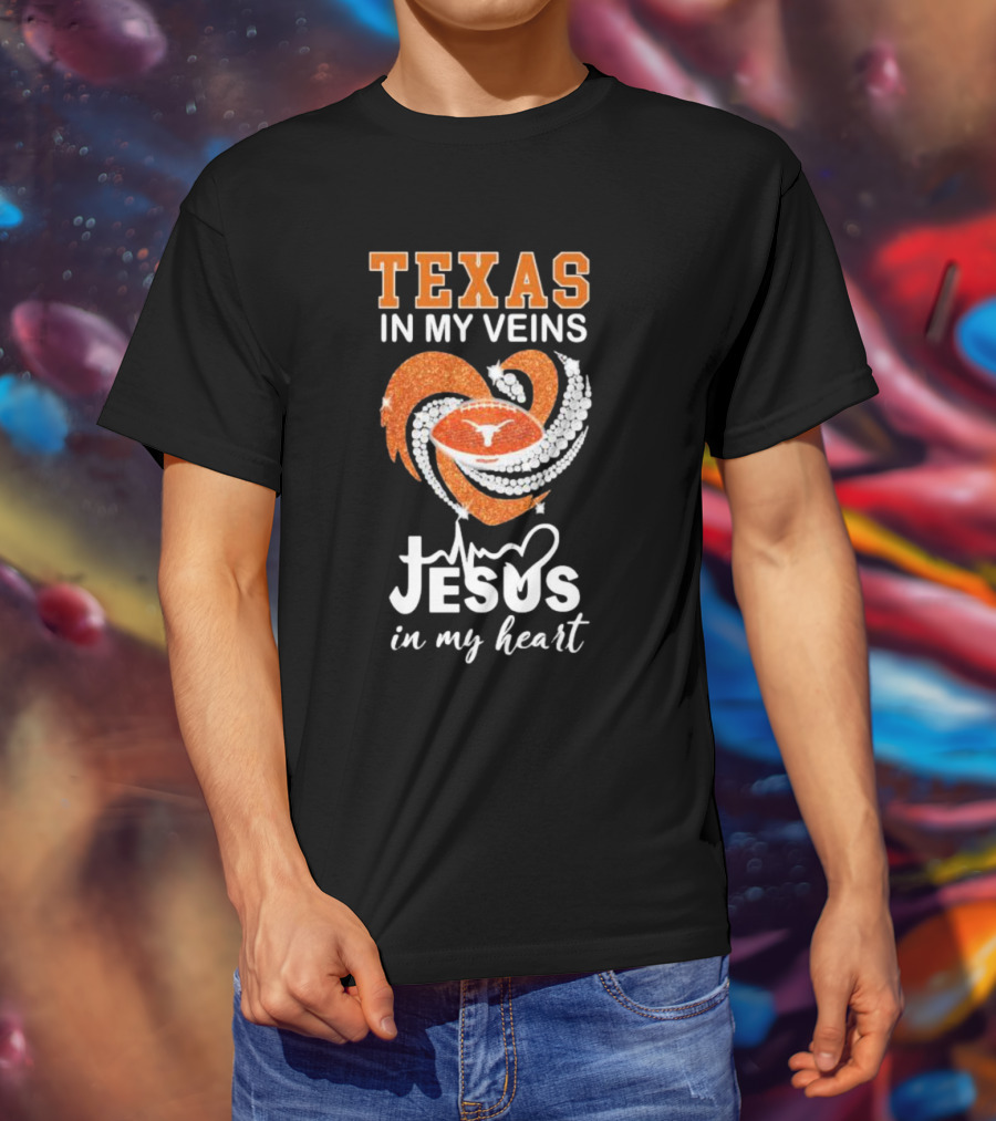 Texas In My Veins Jesus In My Heart Football Diamond T-Shirt