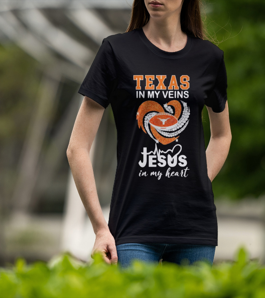 Texas In My Veins Jesus In My Heart Football Diamond T-Shirt