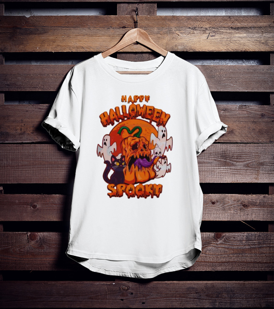 Happy Halloween Spooky Horror Pumpkin Ghosts Black Cat T-Shirt