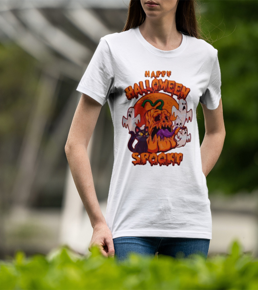 Happy Halloween Spooky Horror Pumpkin Ghosts Black Cat T-Shirt