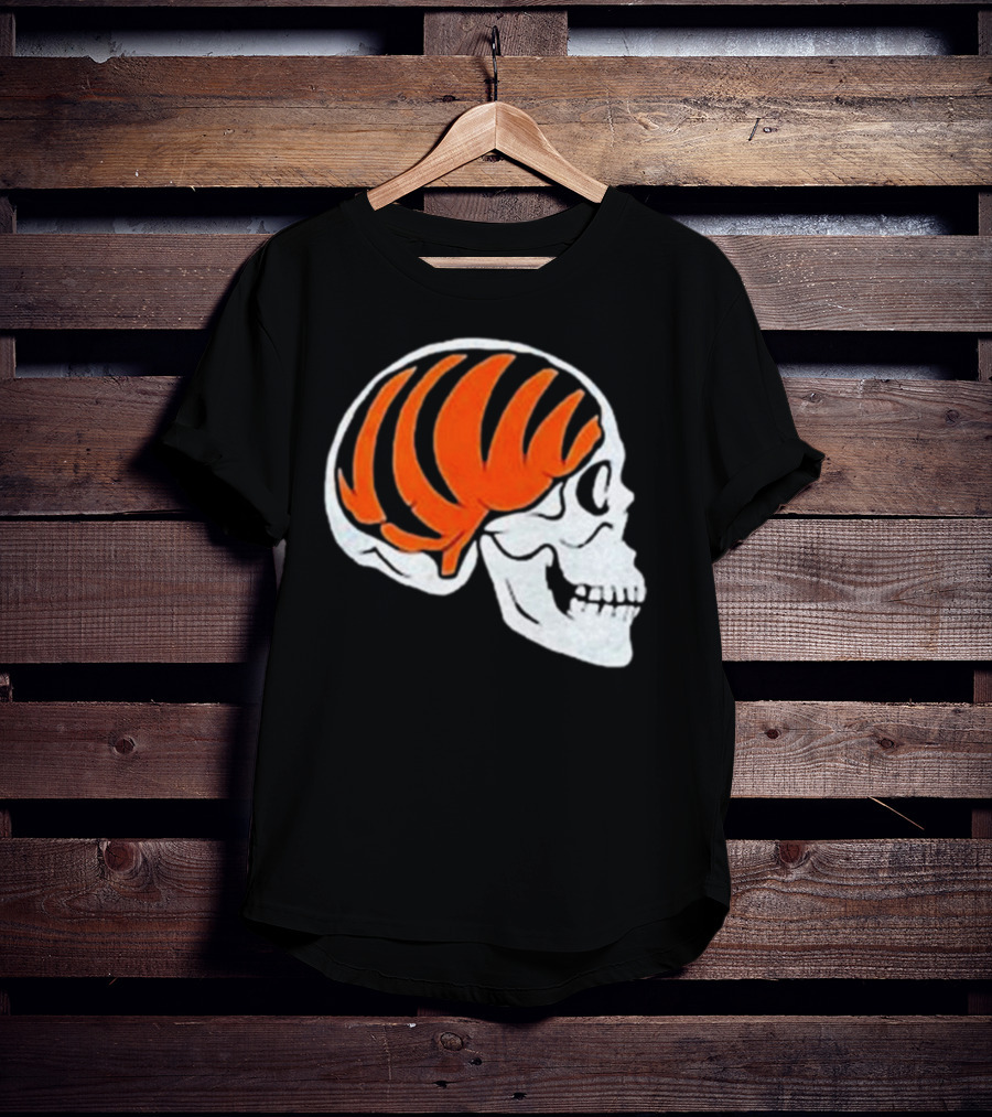 Goodberry Bengals Brain Skull With Orange Tiger Stripes T-Shirt