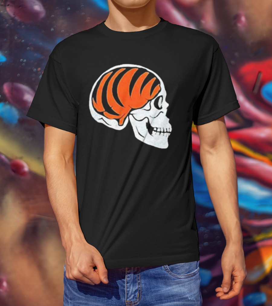 Goodberry Bengals Brain Skull With Orange Tiger Stripes T-Shirt