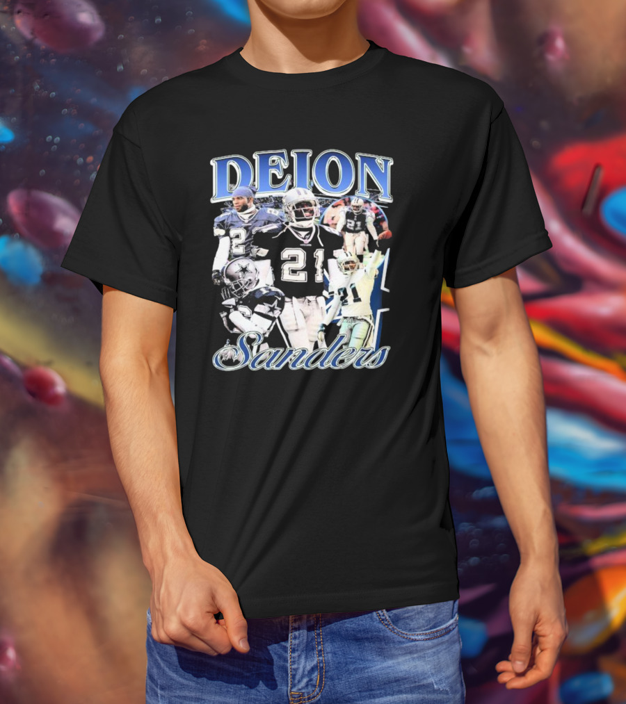 Deion Sanders Dallas Cowboys Collage With Number 21 And Star Helmet T-Shirt
