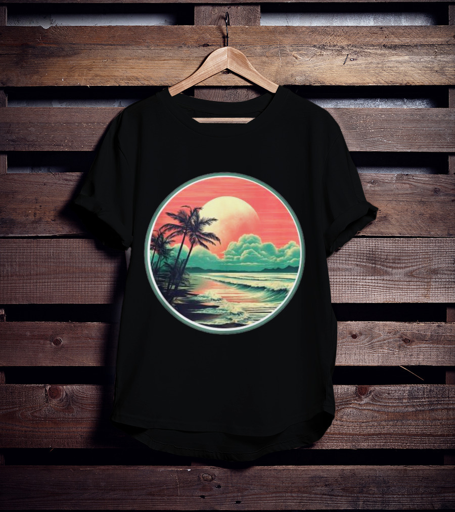 Tropical Ocean Moonscape Palms Waves Sunset Sky T-Shirt