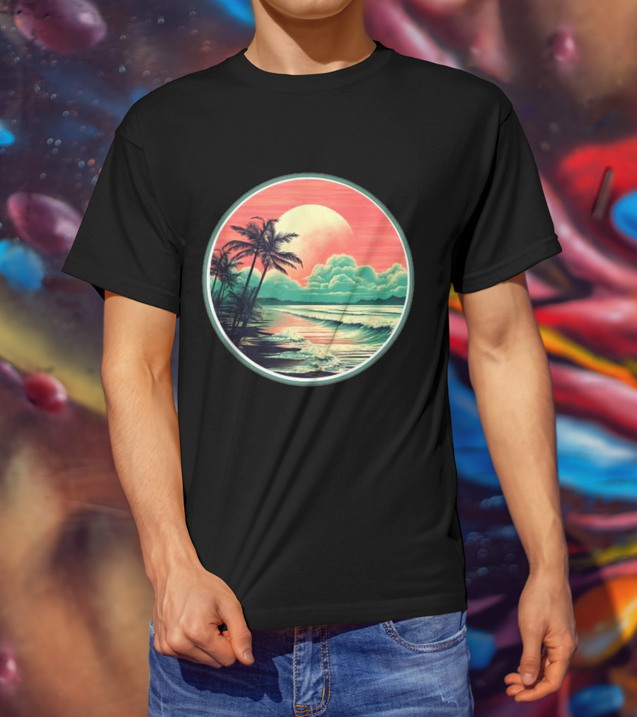 Tropical Ocean Moonscape Palms Waves Sunset Sky T-Shirt