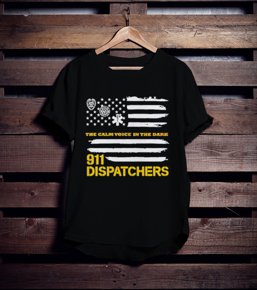 911 Dispatchers The Calm Voice In The Dark With Emergency Symbols And Distressed American Flag T-Shirt