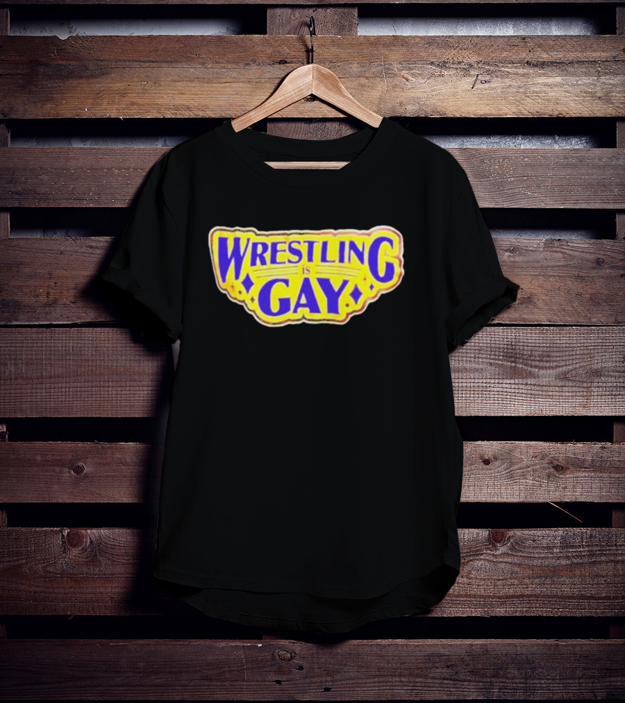 Wrestling Is Gay Emblem Bold Yellow And Purple Text T-Shirt