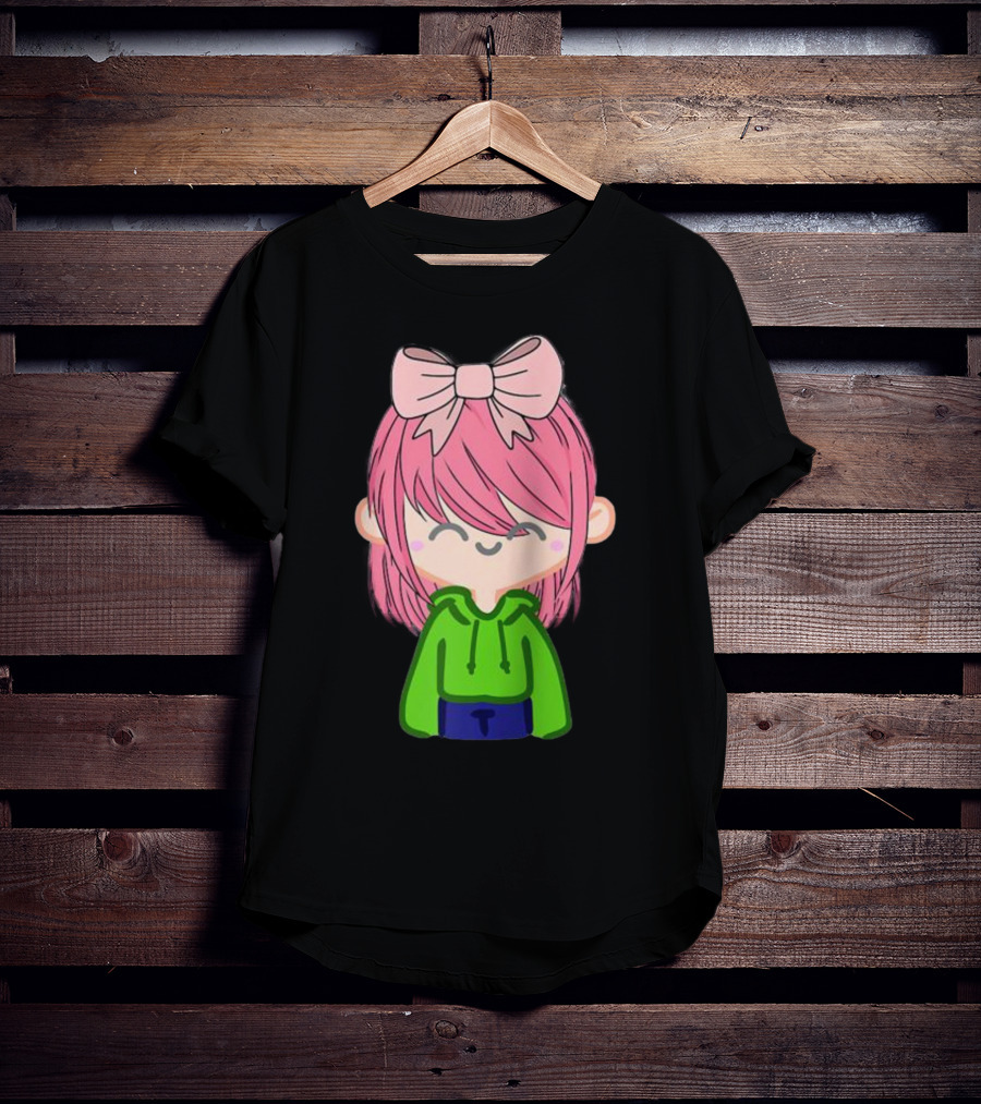 Alli Cat Pink Hair Girl Green Hoodie Bow Raglan Baseball T-Shirt