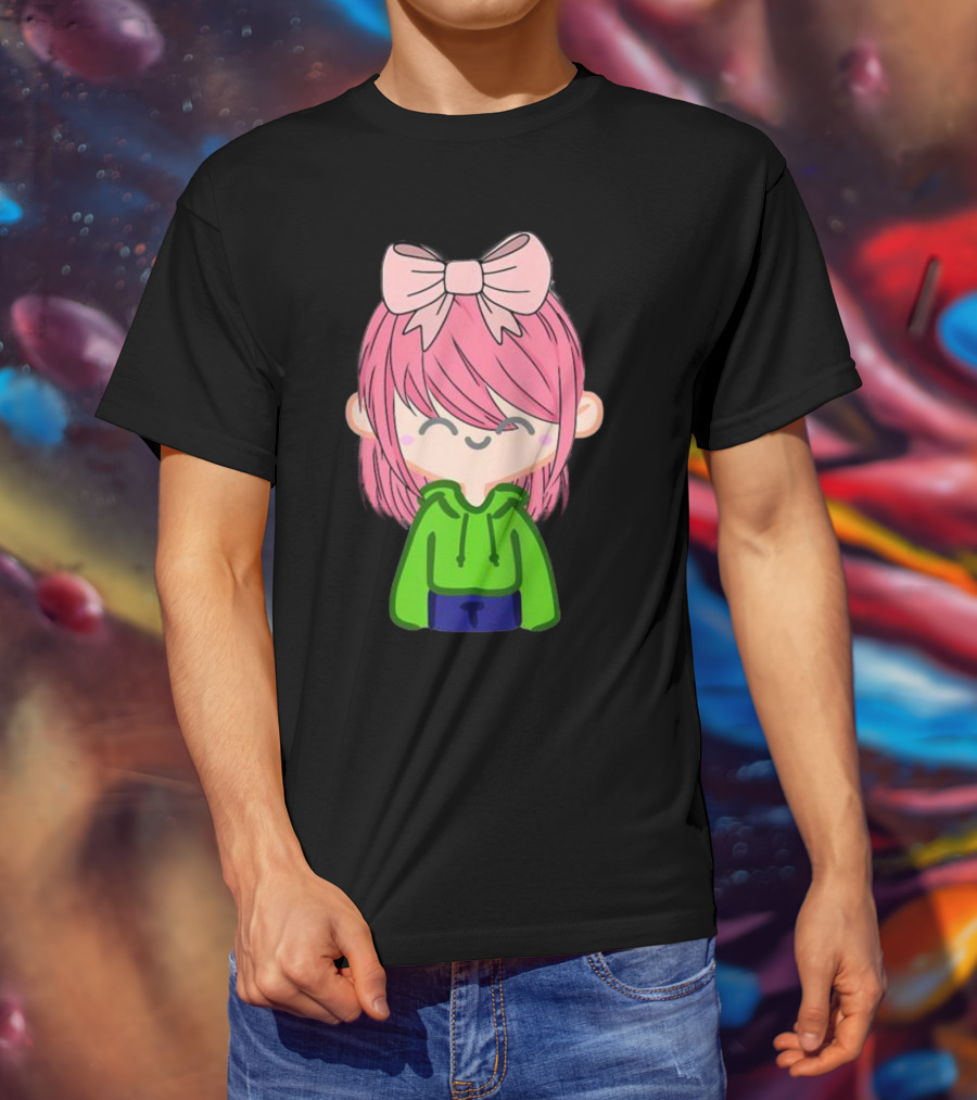 Alli Cat Pink Hair Girl Green Hoodie Bow Raglan Baseball T-Shirt