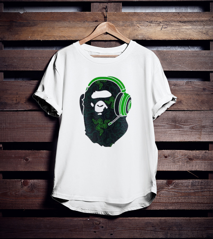 Bape X Razer Neon Camo Ape Head With Green Gaming Headset T-Shirt