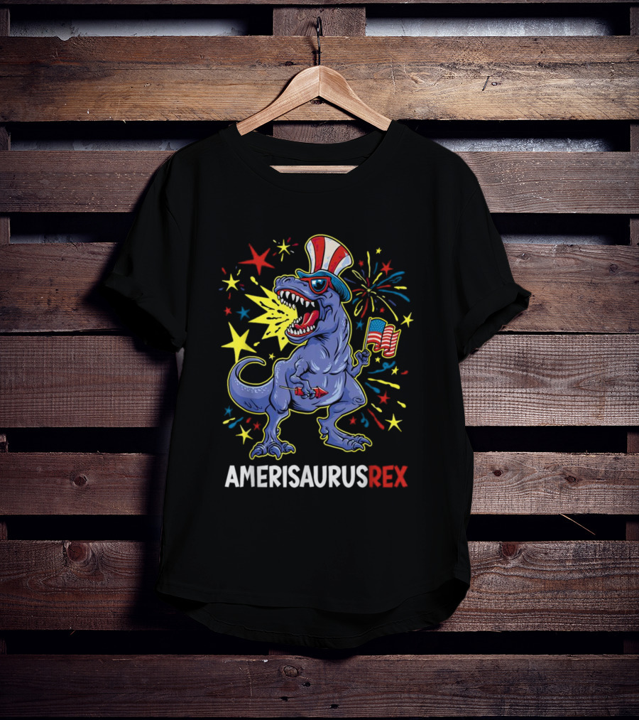 Amerisaurus Rex Patriotic Dinosaur With American Flag And Fireworks Hat T-Shirt