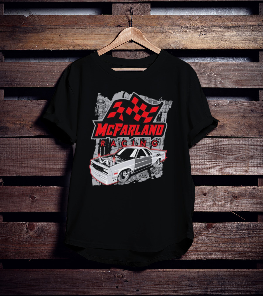 McFarland Racing Cleetus Mullet Turbocharged Car And Checkered Flag T-Shirt
