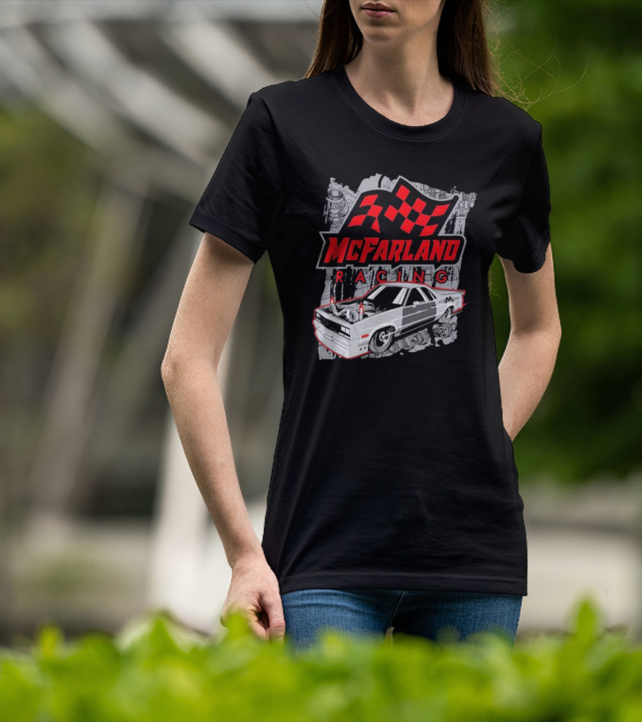 McFarland Racing Cleetus Mullet Turbocharged Car And Checkered Flag T-Shirt
