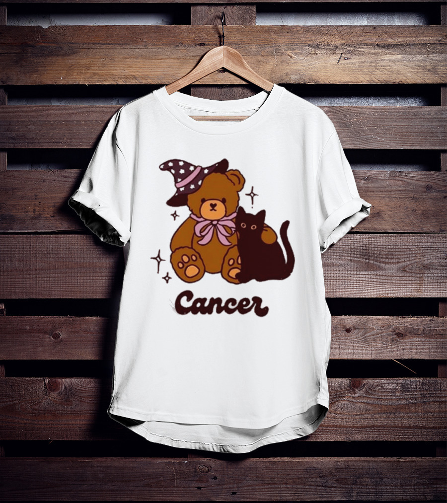 Cancer Teddy Bear With Witch Hat And Black Cat T-Shirt