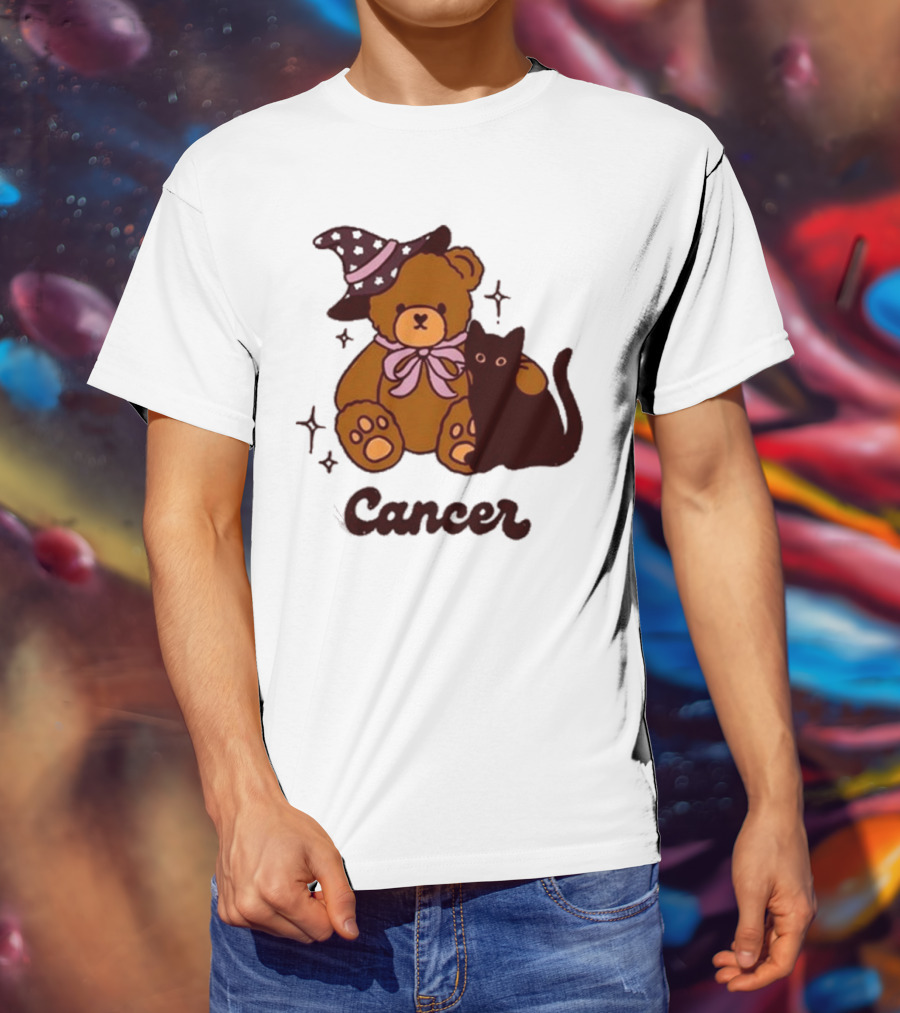Cancer Teddy Bear With Witch Hat And Black Cat T-Shirt