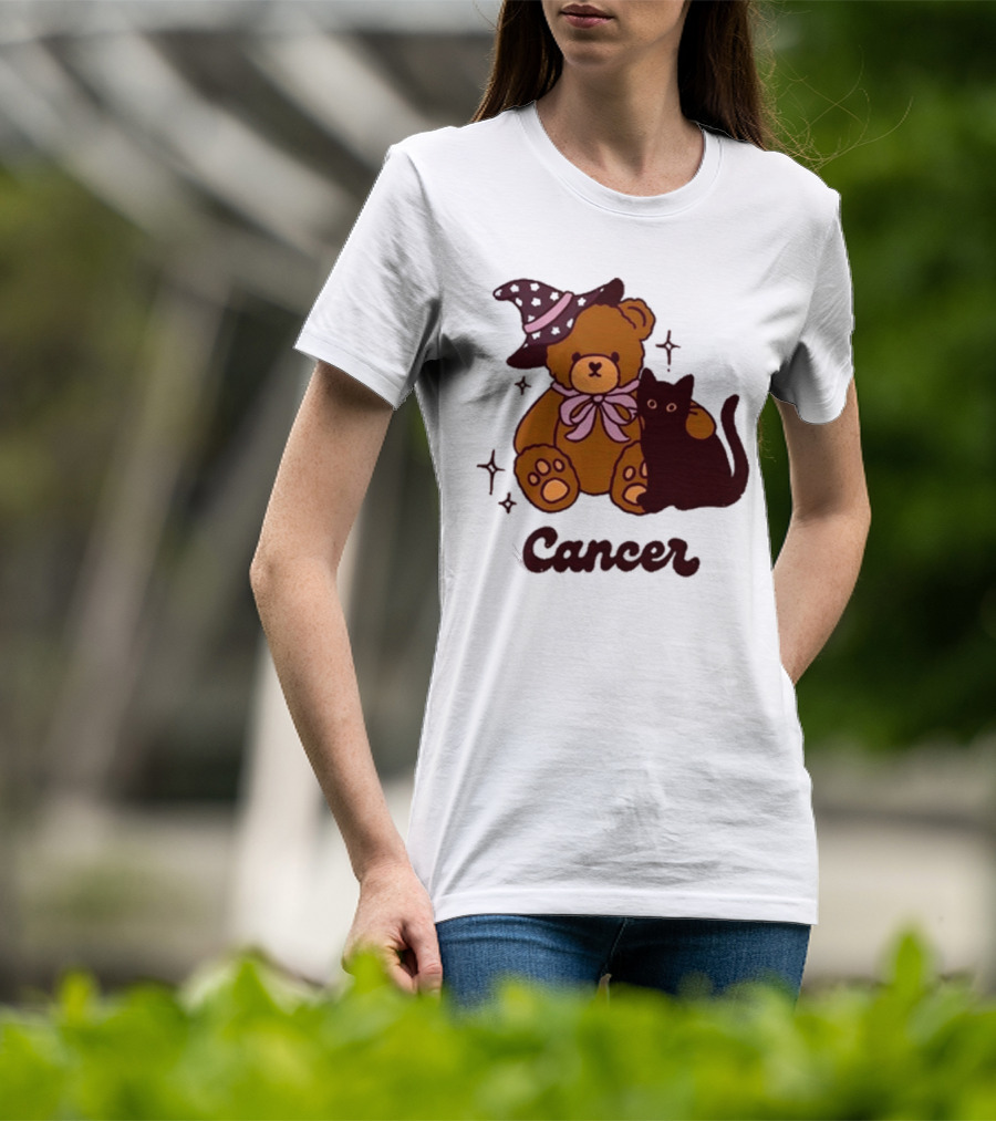 Cancer Teddy Bear With Witch Hat And Black Cat T-Shirt
