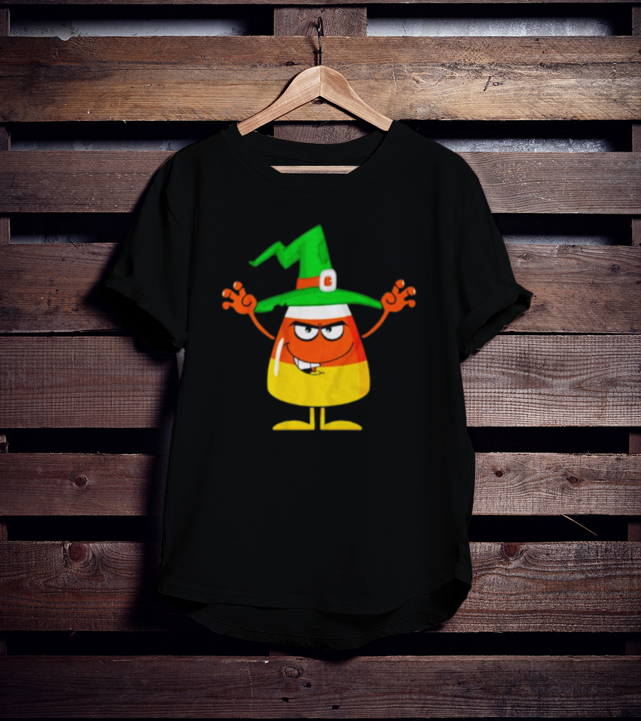 Candy Corn Witch Halloween Character With Green Hat T-Shirt