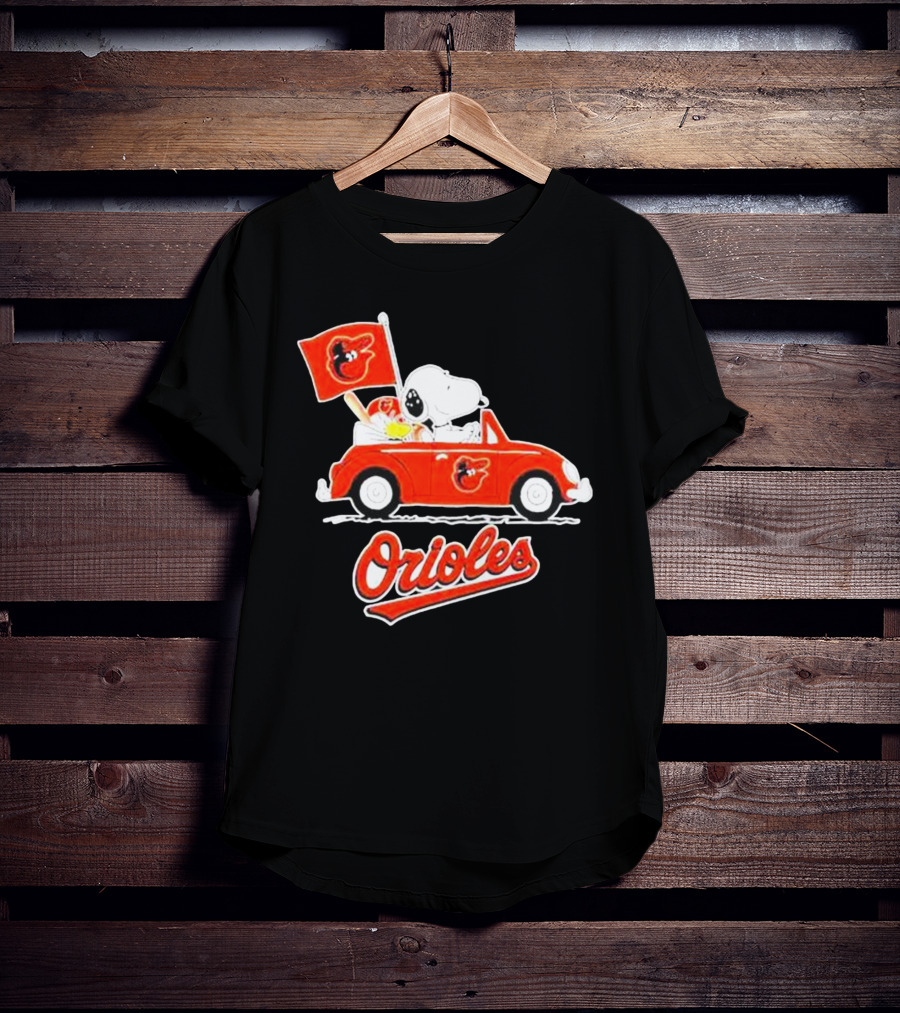 Snoopy Driving Red Car With Baltimore Orioles Flag And Orioles Text T-Shirt